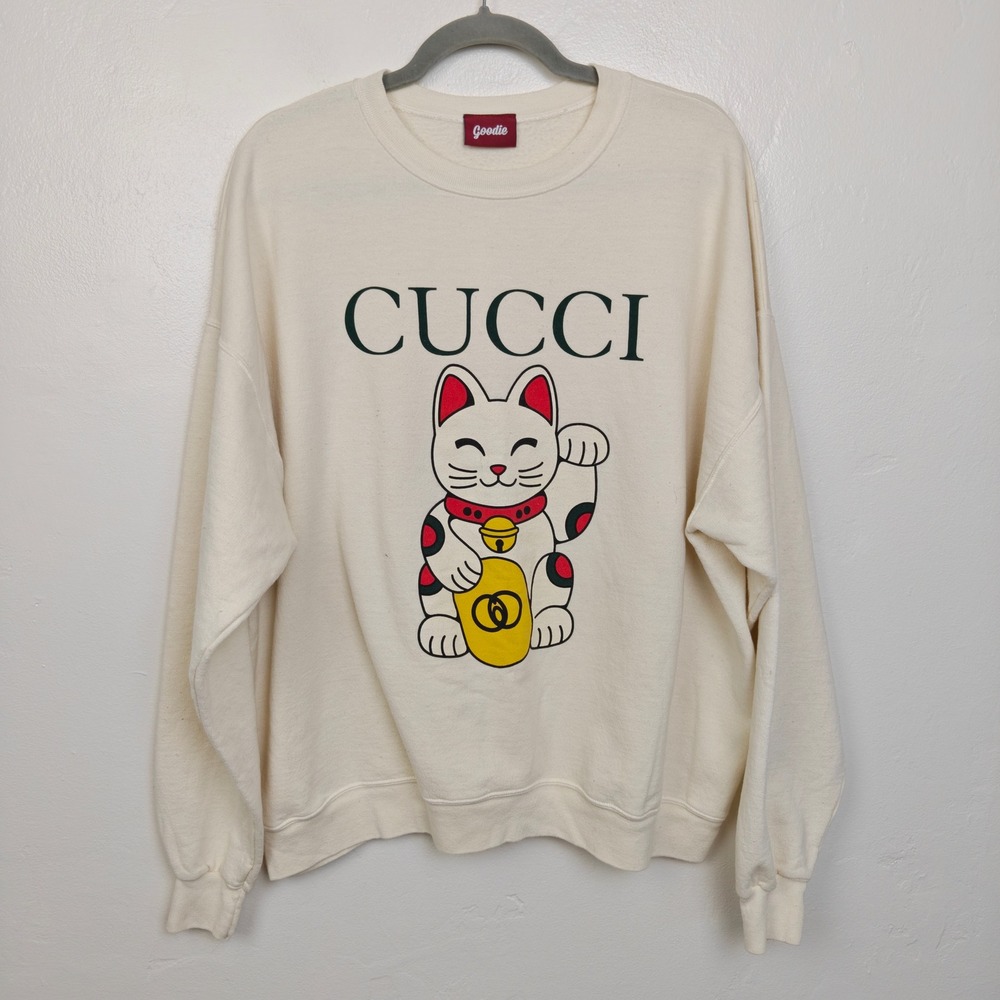 Goodie Cucci Lucky Cat Sweatshirt XL Cream Graphic Parody Streetwear Humor